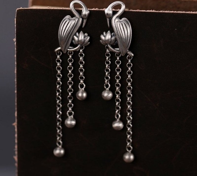 New Design Birds Flamingo Earrings for Women Real Thai Silver 925 Silver Tassels - ต่างหู - เงินแท้ สีเงิน