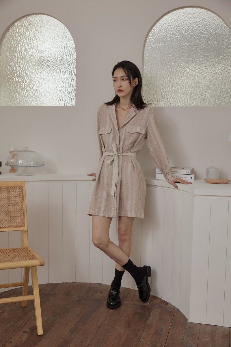 [Brand original] Camille Linen and linen striped dress gentle Khaki - One Piece Dresses - Cotton & Hemp Khaki