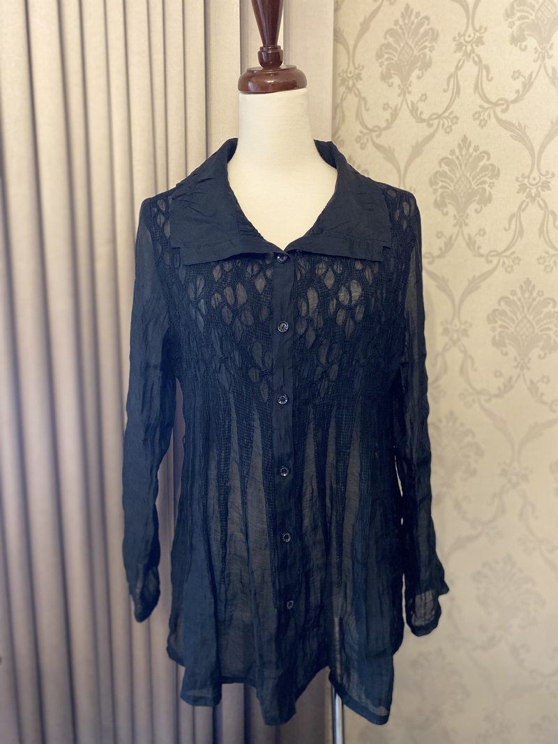 翻領放射狀刺繡透膚古著罩衫上衣 - 女上衣/長袖上衣 - 聚酯纖維 黑色