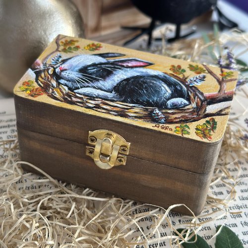 手描き木箱 うさぎ、ミニ収納ボックス うさぎ、宝石箱 かわいい動物
