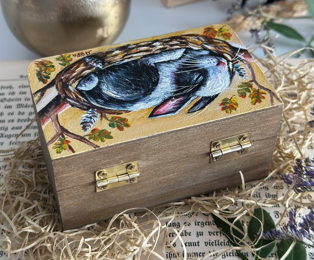 手描き木箱 うさぎ、ミニ収納ボックス うさぎ、宝石箱 かわいい動物