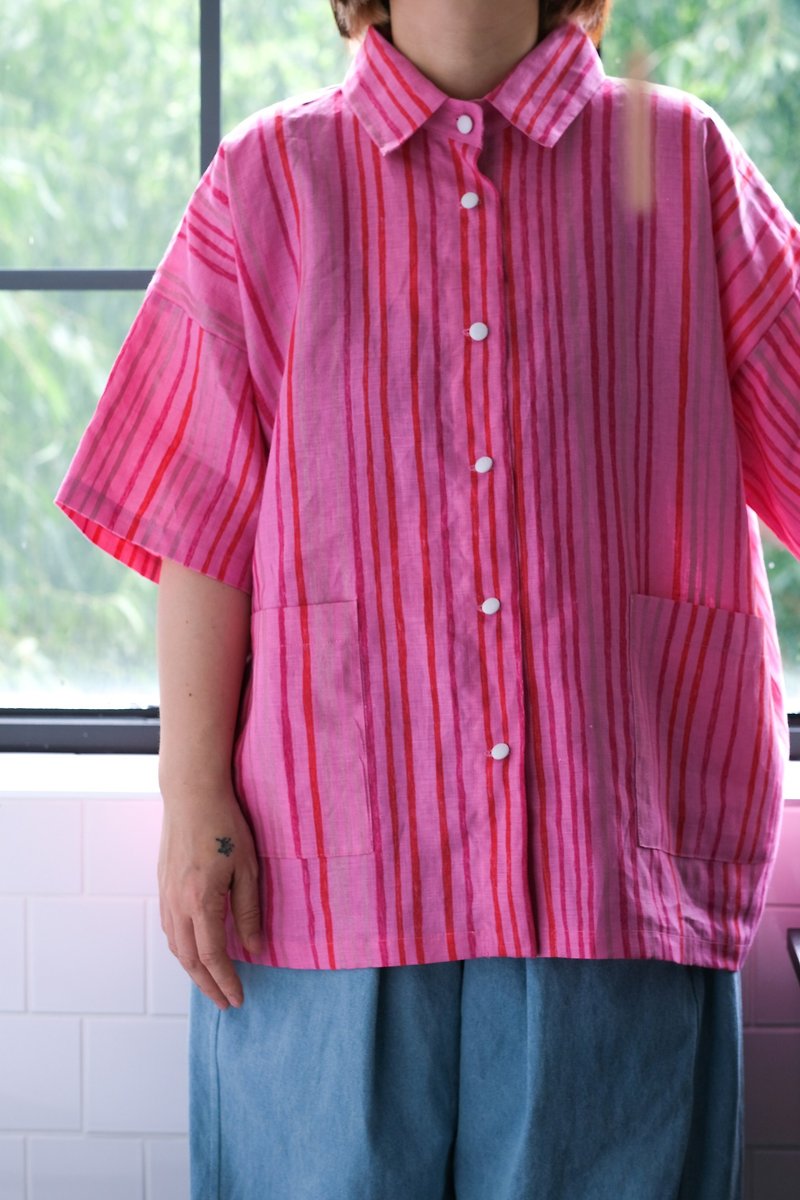 桃子粉全麻 寬版襯衫 - 女上衣/長袖上衣 - 棉．麻 粉紅色