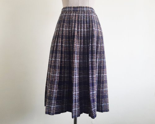 PaiissaraEveryday 26 Waist Vintage Navy Blue Plaid Skirt Womens Pleated Midi Skirt Wool Skirt S