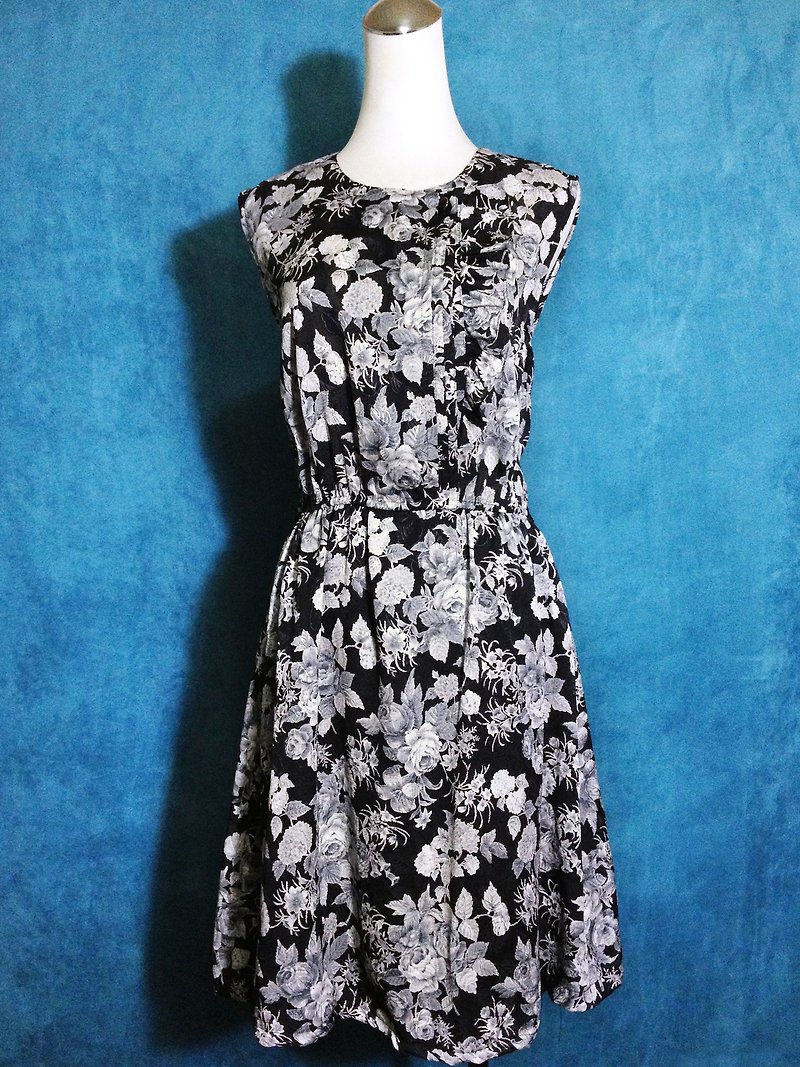 Ping pong ancient [ancient dress / black and white flowers weave no sleeveless dress] foreign bring back VINTAGE - One Piece Dresses - Polyester Black