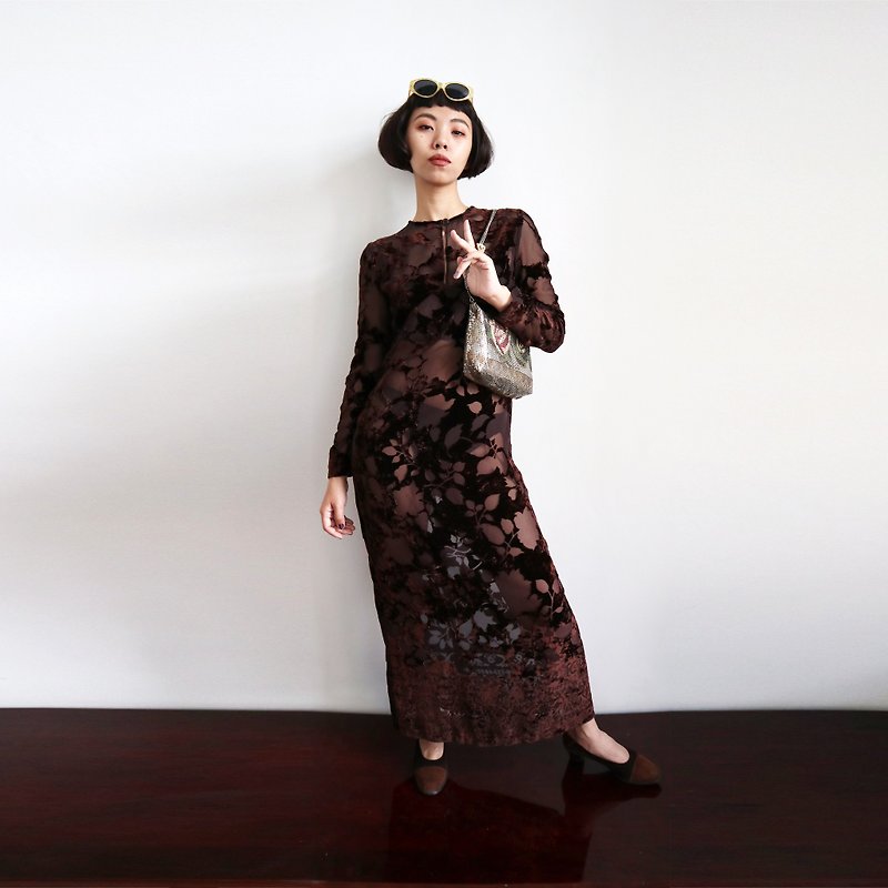 Pumpkin Vintage. Ancient suede pattern transparent dress - One Piece Dresses - Other Materials Brown