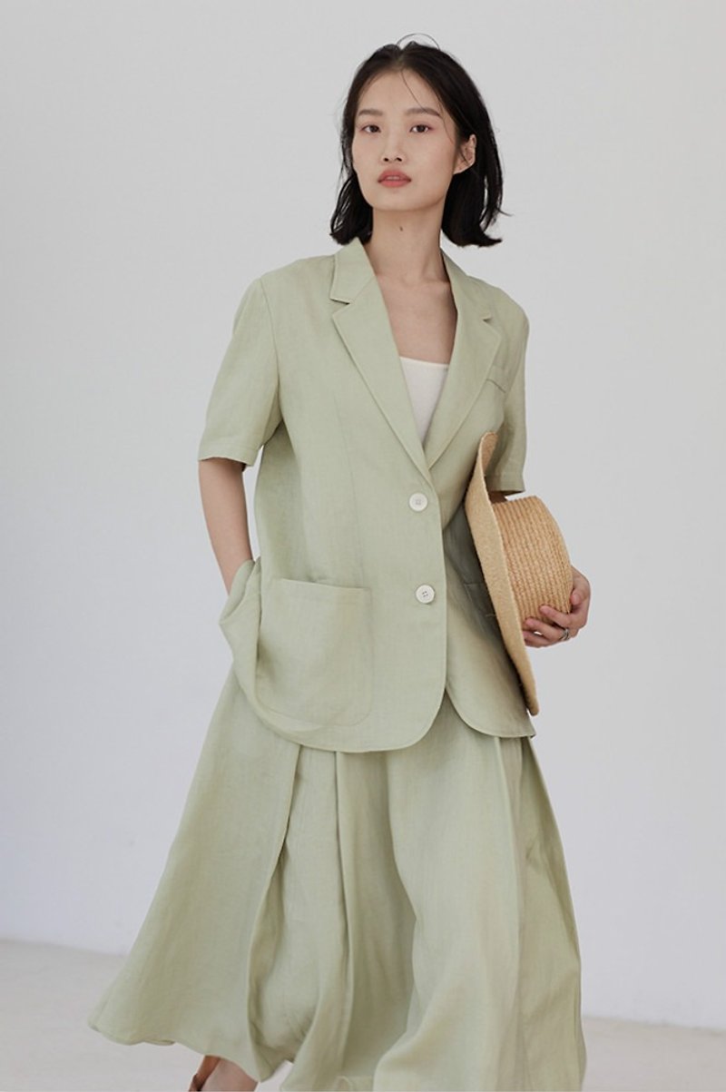 Mint green wind drop summer loose washed linen short-sleeved suit minimalist plain sunscreen jacket - Women's Blazers & Trench Coats - Cotton & Hemp Green