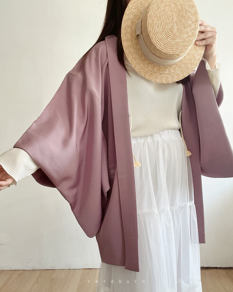 日本製和風印花粉紫色古著羽織和服外套 - 女大衣/外套 - 聚酯纖維 粉紅色