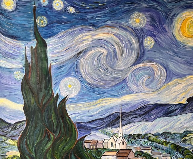 ゴッホの絵画「星月夜」の無料コピー。72 x 92 cm。フレームなし