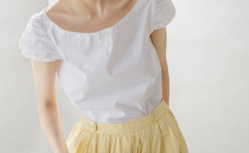 French boat neck puff sleeve white shirt - เสื้อผู้หญิง - ผ้าฝ้าย/ผ้าลินิน ขาว
