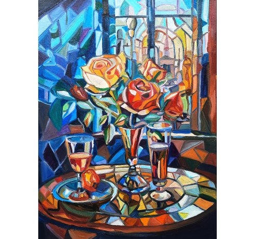 ワインとバラのアート絵画 オリジナルアート油絵 キャンバスに