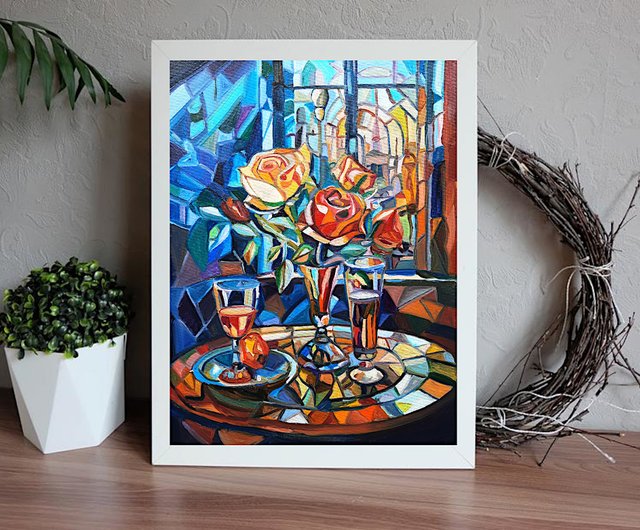 ワインとバラのアート絵画 オリジナルアート油絵 キャンバスに