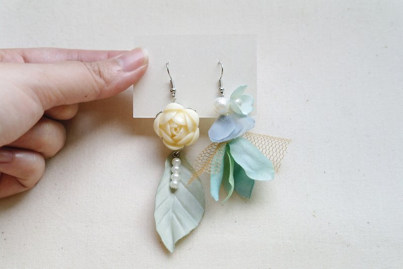Fantasy Series - Beige Clay Flower Vintage Green Earrings Hook,Gift for Her ER00 - Earrings & Clip-ons - Plants & Flowers Green