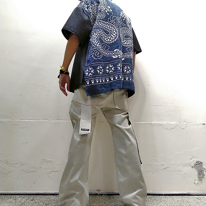 ダブルドラゴン印刷手作りの青い染めステッチタンニンニュートラル着物ジャケット台湾無料輸送R 7 Gの後 - アウター メンズ - コットン・麻 ブルー