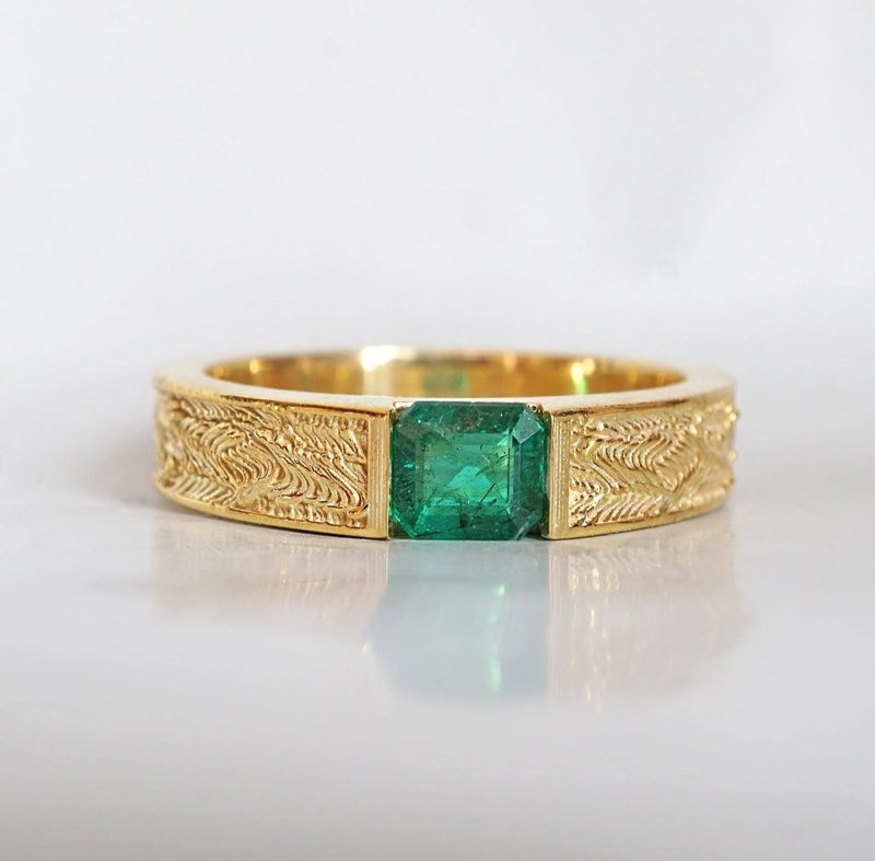 Men's Emerald  Band | 14k Gold Ring | Green Gemstone - 戒指 - 寶石 綠色