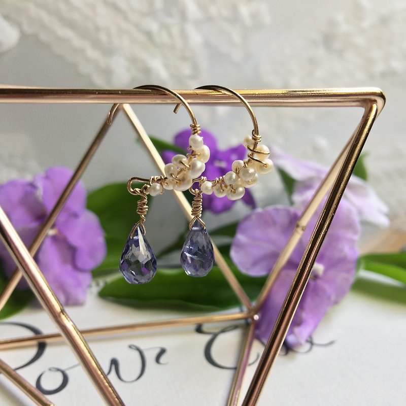 手工耳環 紫色堇青石與珍珠 - 耳環/耳夾 - 寶石 紫色