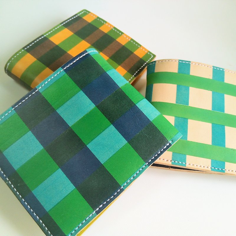 Limited price for the first 5 people-Plaid bi-fold wallet-Cream base - Wallets - Genuine Leather Blue