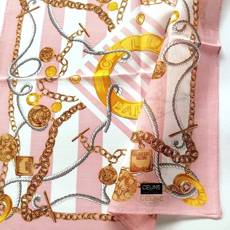 Celine Paris Vintage Handkerchief Gold Jewelry Charm 20 x 20 inches, vintage sca - 絲巾 - 棉．麻 粉紅色