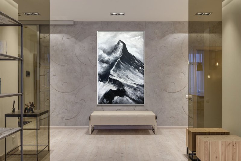 Mountain Oil Painting Monochrome Painting Mountain Peak Nature's Majesty Art - ตกแต่งผนัง - อะคริลิค สีเทา