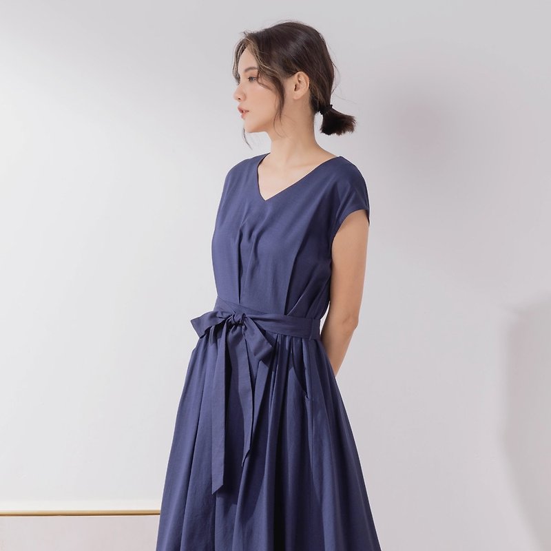 【MEDUSA】素雅大褶綁結天絲棉洋裝 (M-XL) | 女裝 洋裝 小禮服 - 洋裝/連身裙 - 棉．麻 藍色