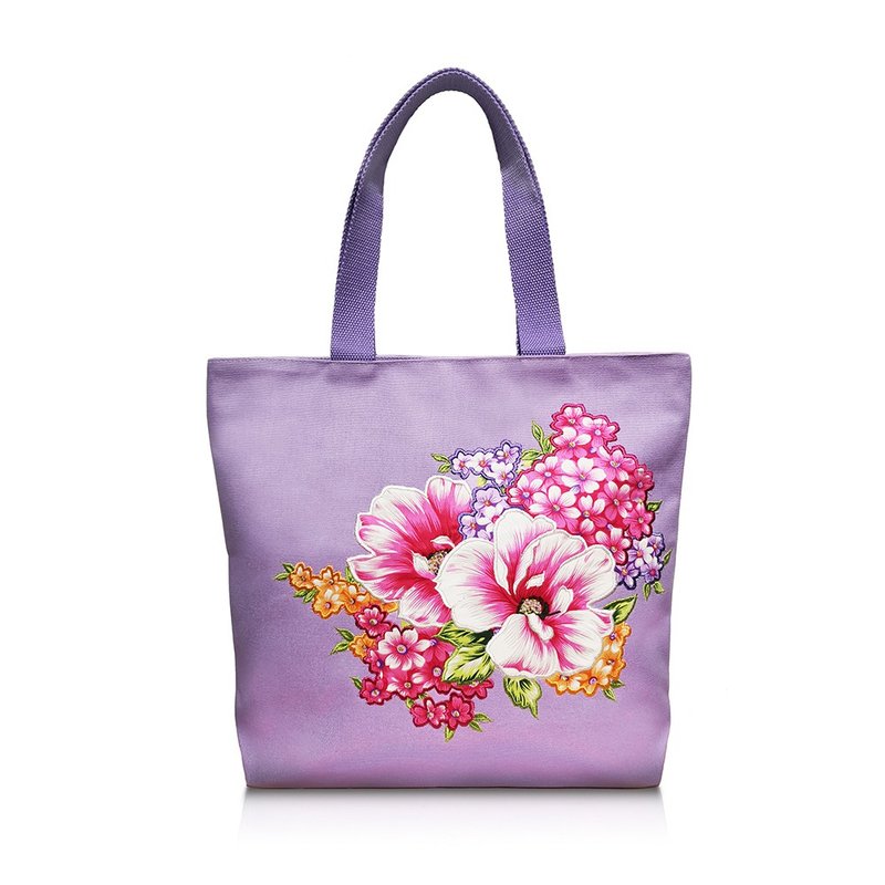 【Mr. Floral Cloth】Embroidered Shoulder Bag (Purple) - กระเป๋าถือ - ผ้าฝ้าย/ผ้าลินิน สีม่วง