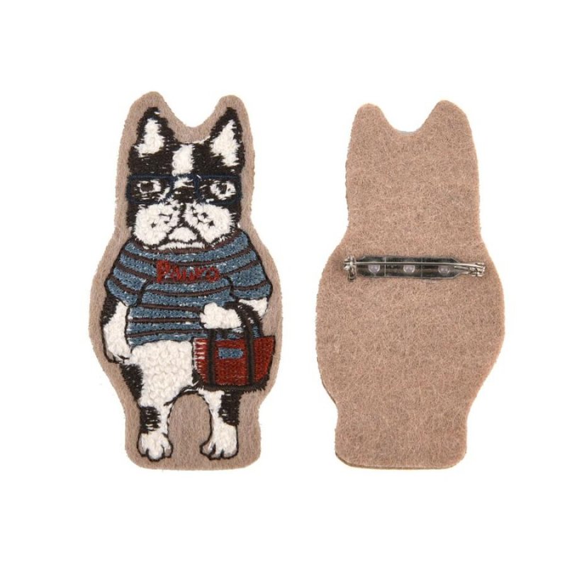 Kusuguru Japan 胸針 別針 日本相良刺繡絨毛立體造型-鬥牛犬米色 - 胸針 - 聚酯纖維 卡其色