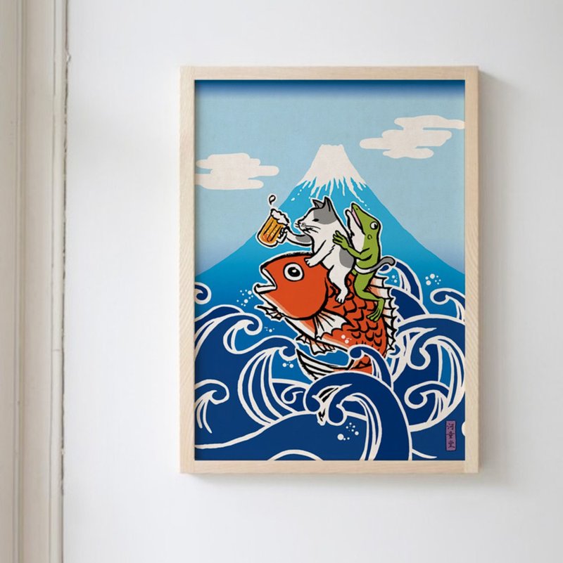 poster cat and frog riding a sea bream - โปสเตอร์ - กระดาษ สีน้ำเงิน