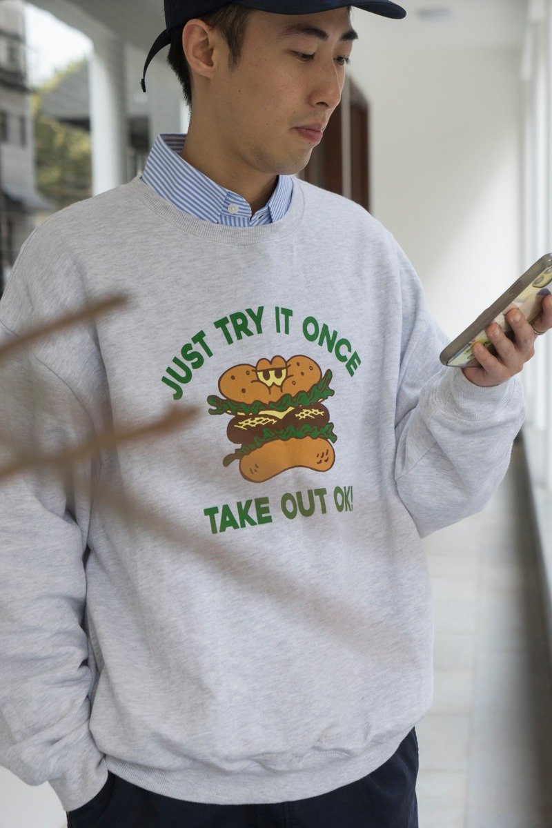 美式復古卡通漢堡衛衣 日系寬松款 OVERSIZE HOODIE - 男 T 恤 - 棉．麻 灰色