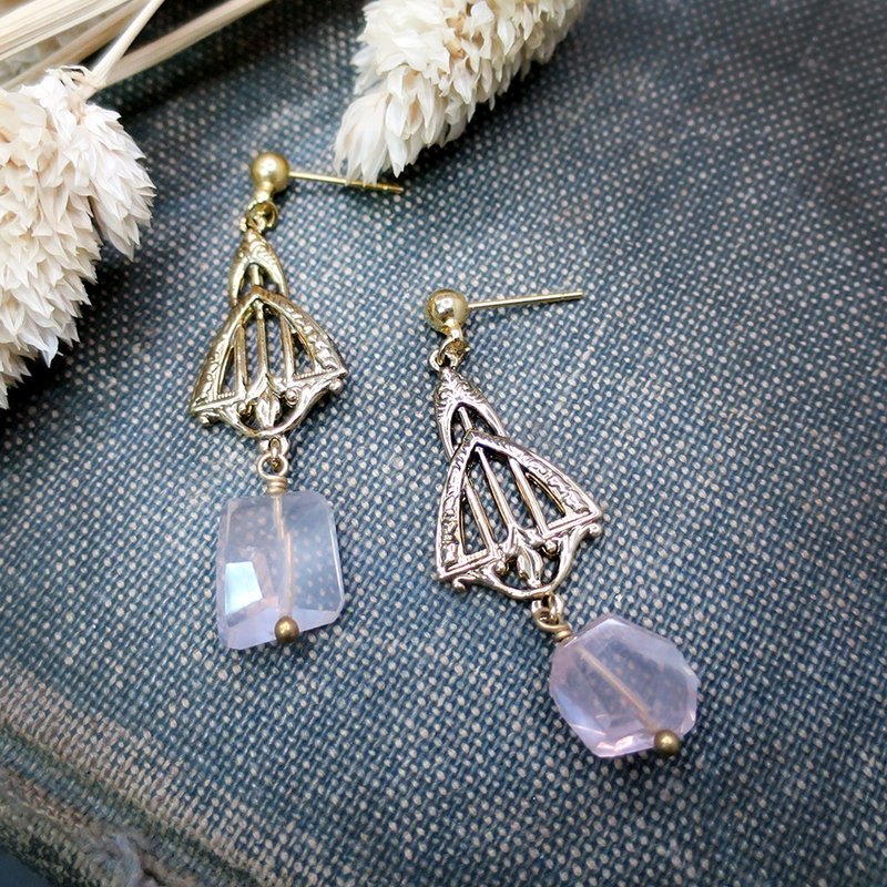 VIIART。妒忌-粉紅。Vintage復古金粉水晶耳環-可改夾式 - 耳環/耳夾/耳骨夾 - 半寶石 粉紅色