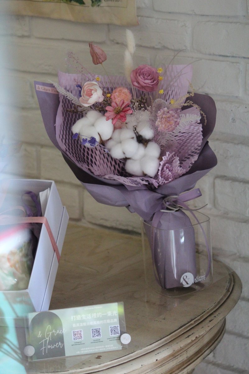 [Pink and Purple Cotton Sola Bouquet] Birthday Gift/Congratulation Flower Gift/Everlasting Flower - ช่อดอกไม้แห้ง - พืช/ดอกไม้ สีม่วง