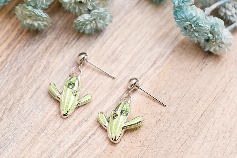 Flower series cute cactus shape earrings transparent green crystal - Earrings & Clip-ons - Silver Green
