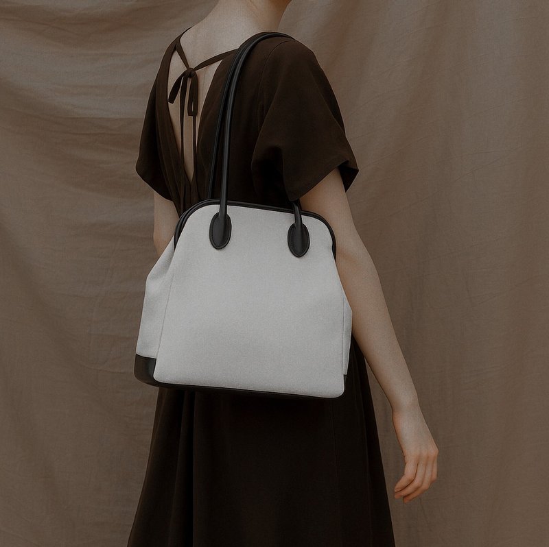 大容量日式帆布拼皮口金包2WAY手提肩背托特包腋下包 - 手提包/手提袋 - 真皮 白色