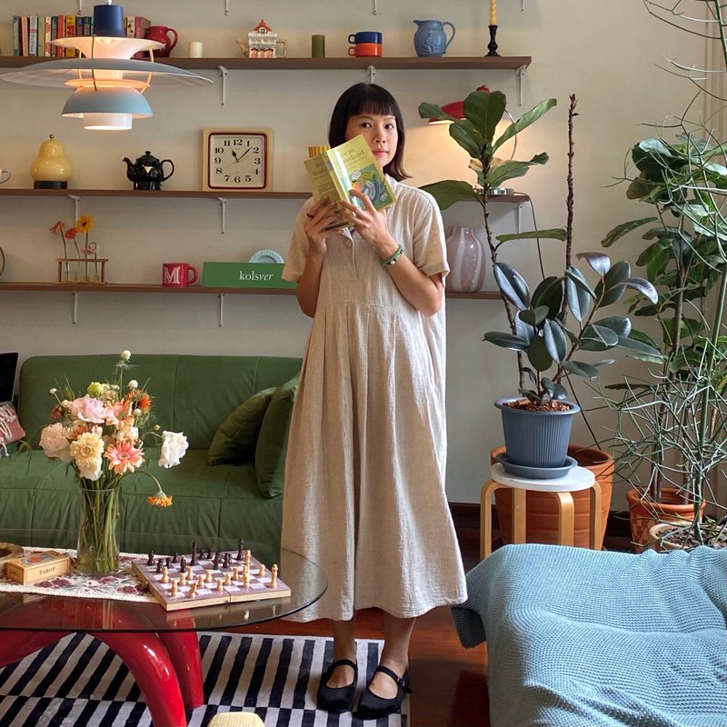蓝色大丽花连衣裙 靛蓝棉质连衣裙 - 洋裝/連身裙 - 棉．麻 卡其色