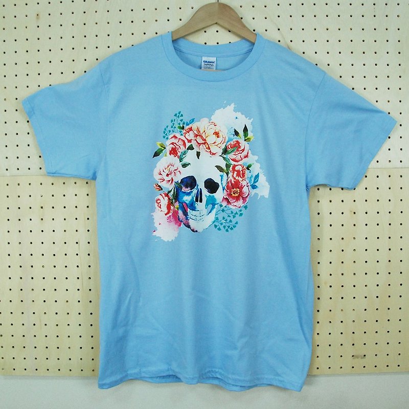 New Designer-T-shirt: 【Flower Skull】 Short Sleeve T-shirt "Neutral / Slim" (Water Blue) -850 Collections - Men's T-Shirts & Tops - Cotton & Hemp Multicolor