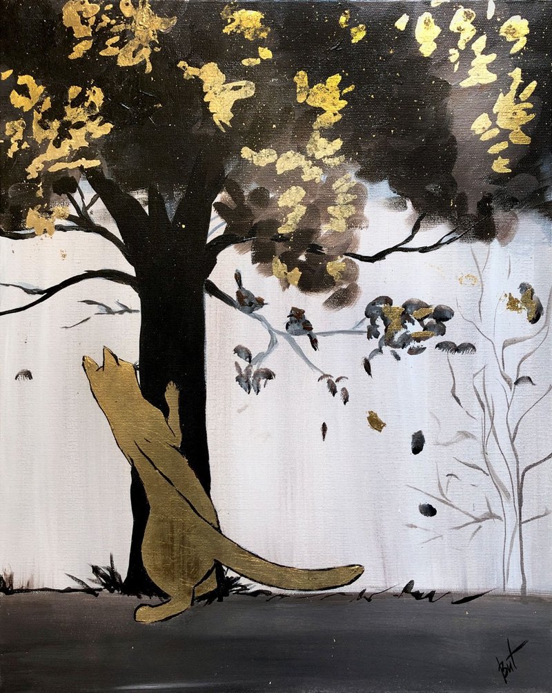Cat Painting Animal Original Art Gold Artwork Kitten Wall Art Minimalist Acrylic - 海報/掛畫/掛布 - 其他材質 金色