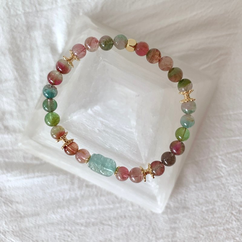 夢幻色系 西瓜碧璽 天空藍貔貅碧璽手鏈 天然水晶設計手鏈 - 手鍊/手環 - 半寶石 多色