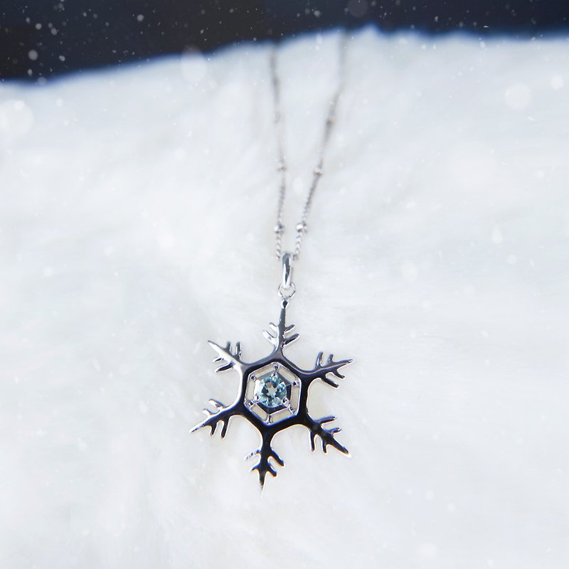 18k Aquamarine Snowflake Pendant + Necklace, March birthstone, ultra thin 1mm - Necklaces - Gemstone Blue