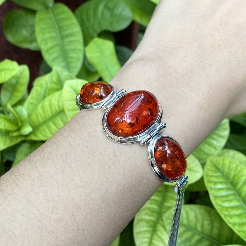 Oval Art Deco Style Brown Amber Stone Bracelet 925 Sterling Silver - Bracelets - Sterling Silver Brown