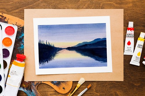 MentaLidArt Landscape painting - Mountain Lake Nature Watercolor Painting