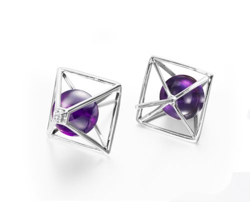 Majade Jewelry Design 紫水晶鑽石耳環 14k白金金字塔耳環 簡約韓風耳釘 二月誕生石耳環