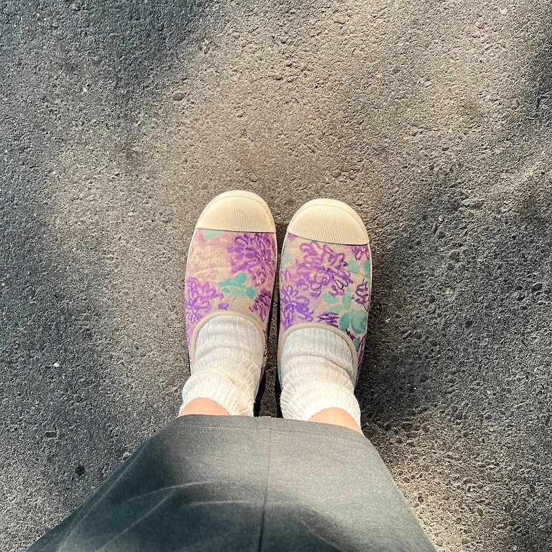 Slip-on casual shoes with Japanese fabrics Leather insole backless shoe - รองเท้าลำลองผู้หญิง - ผ้าฝ้าย/ผ้าลินิน สีม่วง