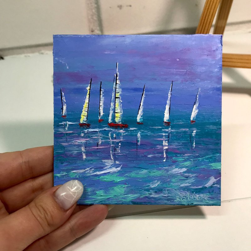 帆船绘画原创艺术海景微型景观小画墙艺术游艇海Impasto调色板刀4 - 壁貼/牆壁裝飾 - 紙 藍色