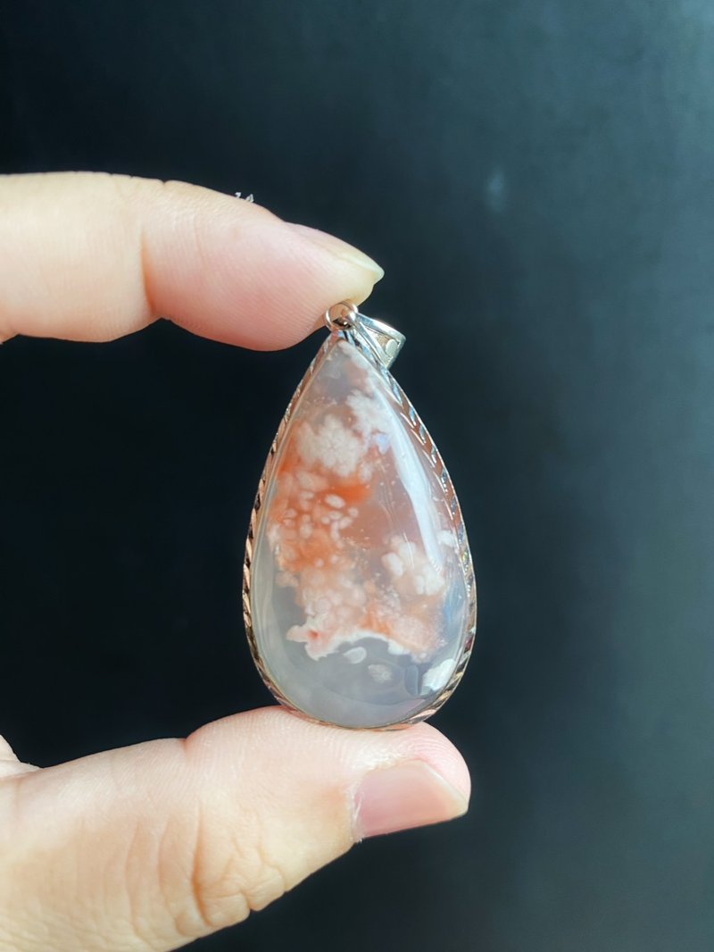 獨特 櫻花瑪瑙 小花飄牛血紅 S925銀鑲拖 浪漫 水中花 項鍊 天然 - 項鍊 - 水晶 紅色