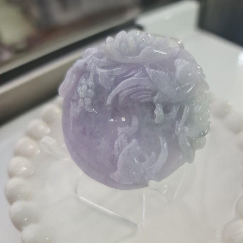 濃紫鳳朝牡丹平安扣 | 天然緬甸玉A貨翡翠 - 吊飾/掛飾 - 玉石 