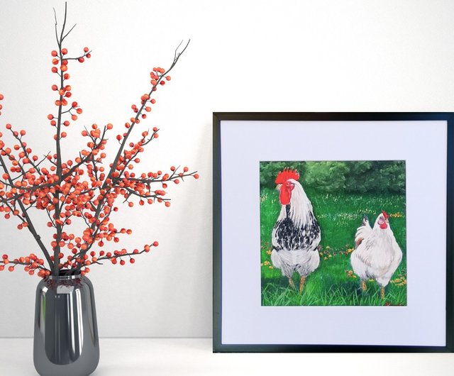 雄鶏と雌鶏の鳥の絵画 オリジナルの額入りアート RinaArtSK による手描き - ショップ RinaArtSK ウォールデコ・壁紙 - Pinkoi