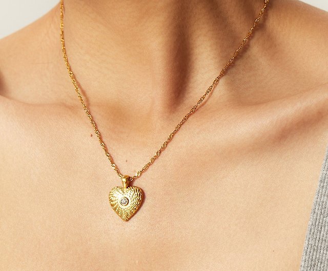 New! ANJI 18K gold-plated heart-shaped water ripple chain pendant