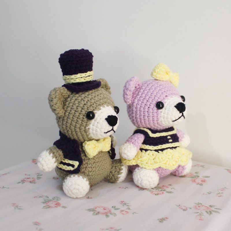 Bear pair pair bear + gentleman bear handmade crochet - ตุ๊กตา - ผ้าฝ้าย/ผ้าลินิน หลากหลายสี