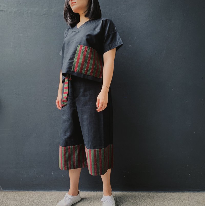 Koh Yor 1 : Set of black linen top and pants with red and gree - 女上衣/長袖上衣 - 棉．麻 黑色