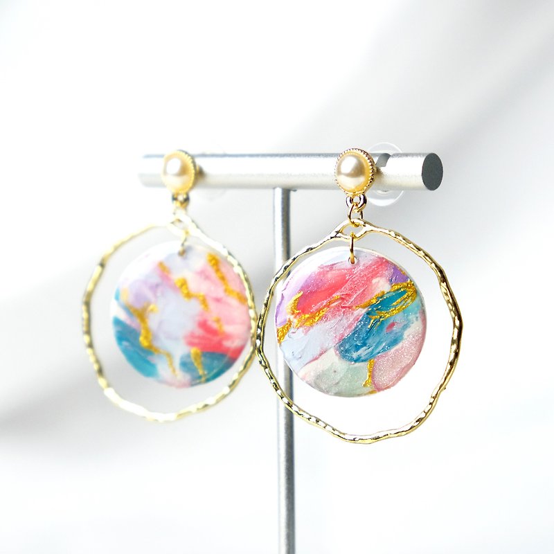 Pottery Earrings & Clip-ons - Soft pottery earrings Monet inspired oil painting wind piping gold hoop earrings ear pin Clip-On