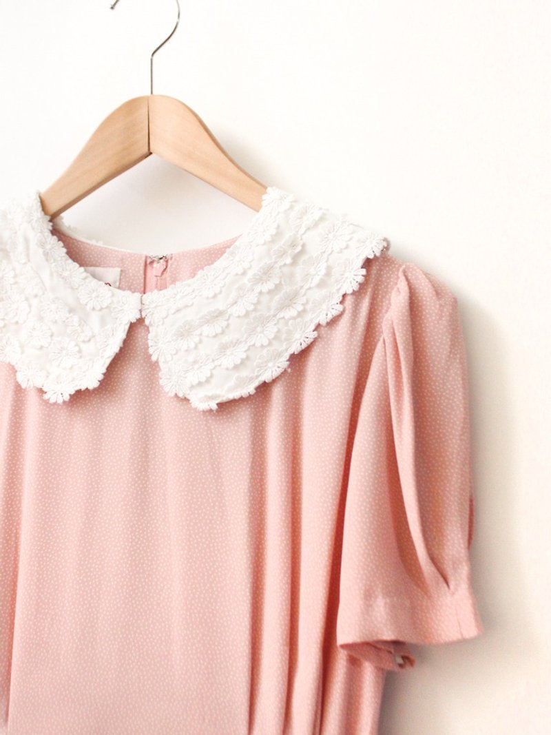 復古早春日本製甜美可愛拼接花朵大翻領圓點點粉紅色短袖古著洋裝 - 連身裙 - 聚酯纖維 粉紅色