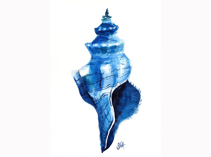Seashell Watercolor Navy Blue Nautical Original Paintings Shell Wall Art Beach - โปสเตอร์ - วัสดุอื่นๆ สีน้ำเงิน